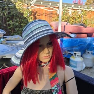 Accessory Street Aqua Mist Wide Brim Sun Hat Metallic Stripe Floppy Hat